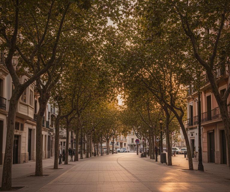 Calle arbolada de Sevilla cerca de Avenida de Portugal al atardecer