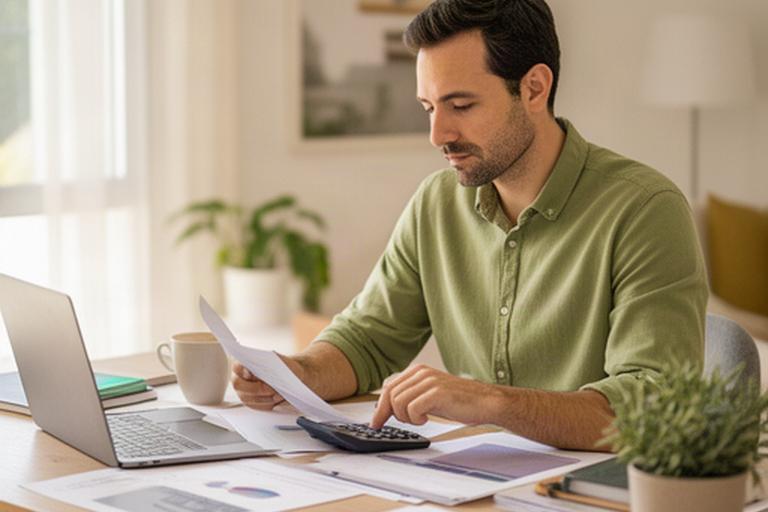Autónomo andaluz trabajando con serenidad en su escritorio y revisando ingresos mensuales